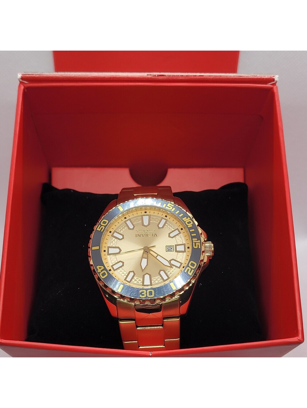 63 Invicta Men's Diver Gold Metal Bracelet Watch Blue Bezel Date Indicator Box